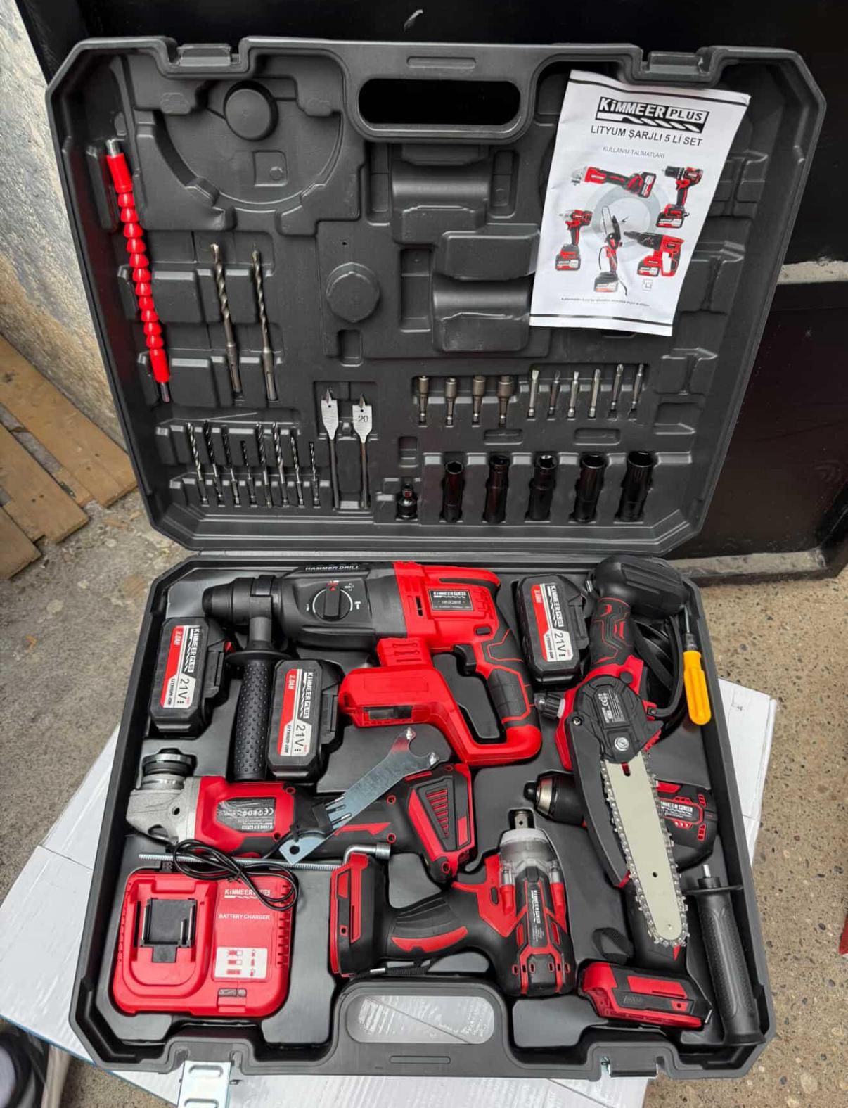Kimmer Plus 21V Li-Ion 5’li Akülü Makine Seti – Devir Ayarlı Taşlama, Somun Sıkma, Darbeli Matkap ve Kırıcı Delici Hilti