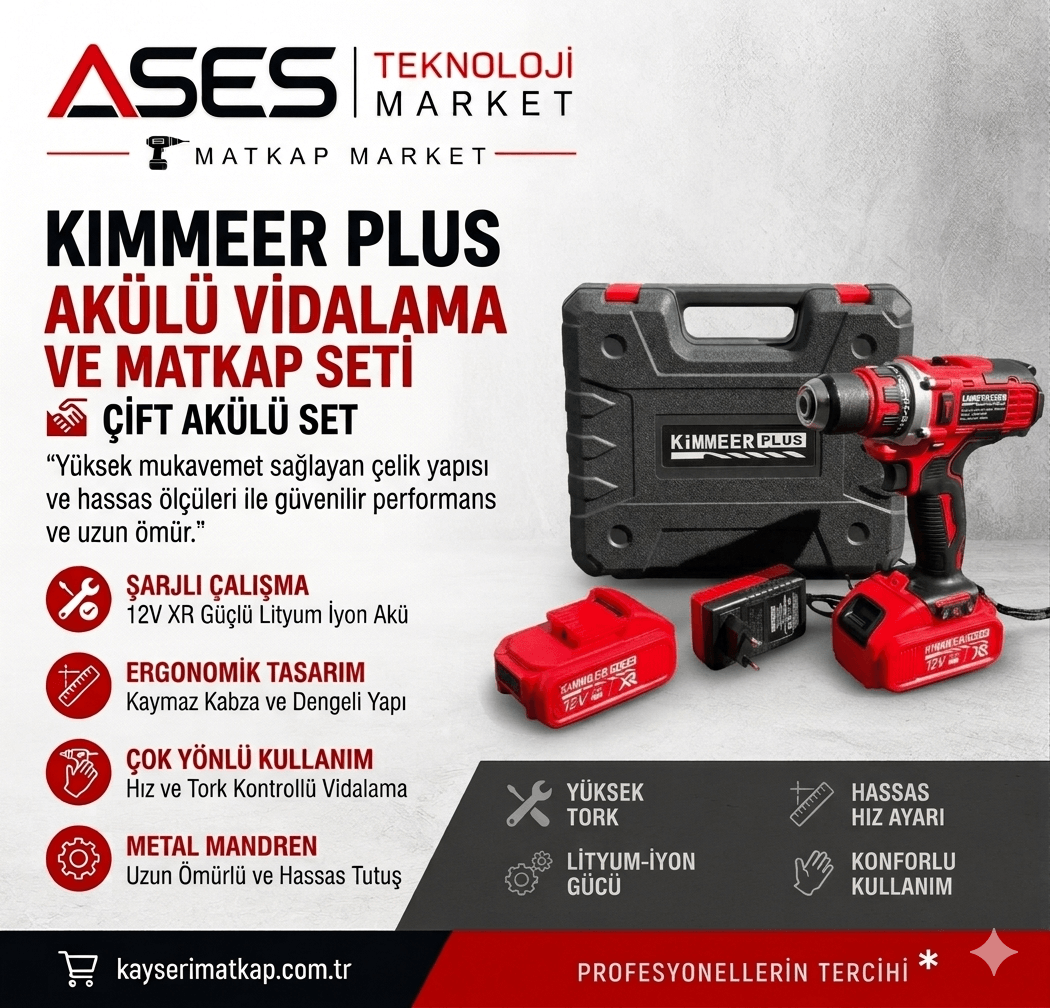 Kimmer Plus 12V Çelik Mandrenli Şarjlı Matkap