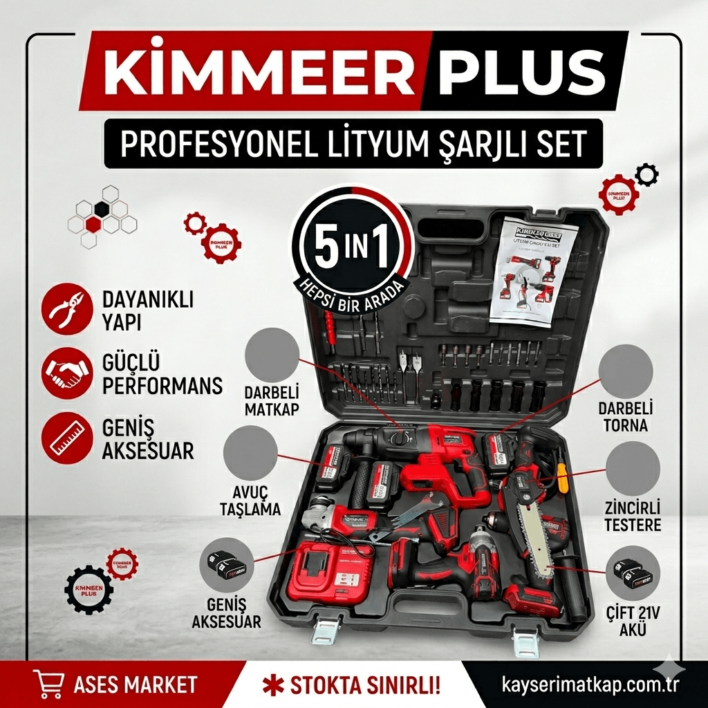 Kimmer Plus 21V Li-Ion 5’li Akülü Makine Seti – Devir Ayarlı Taşlama, Somun Sıkma, Darbeli Matkap ve Kırıcı Delici Hilti